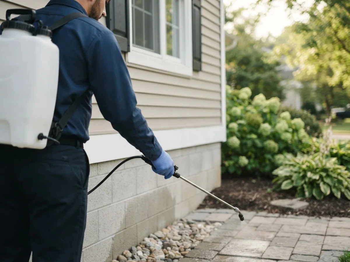 Pest control technician inspecting a home in Afton, MI